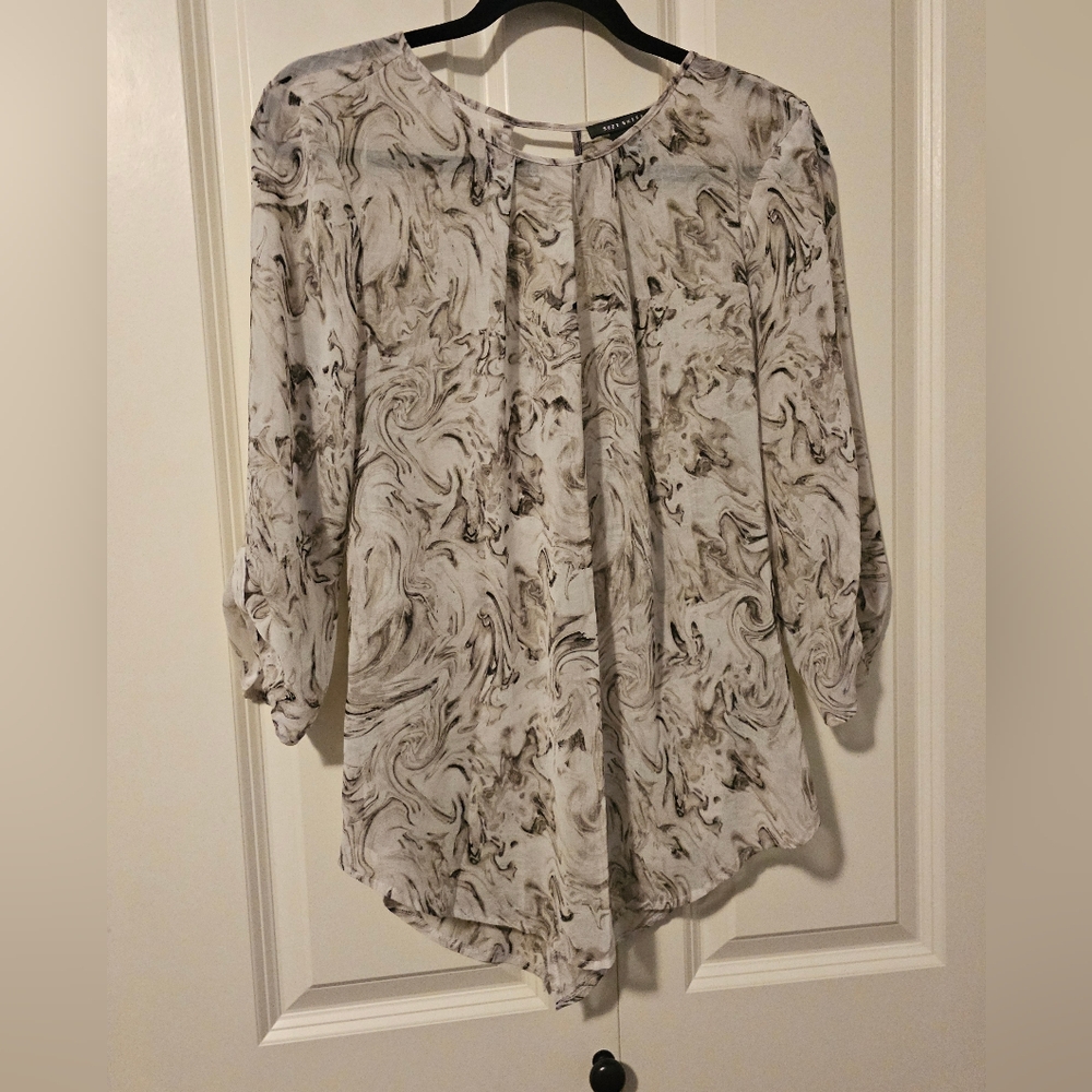 SUZY SHIER Blouse Top Marble Print 3/4 Sleeve Semi Sheer  SZ M